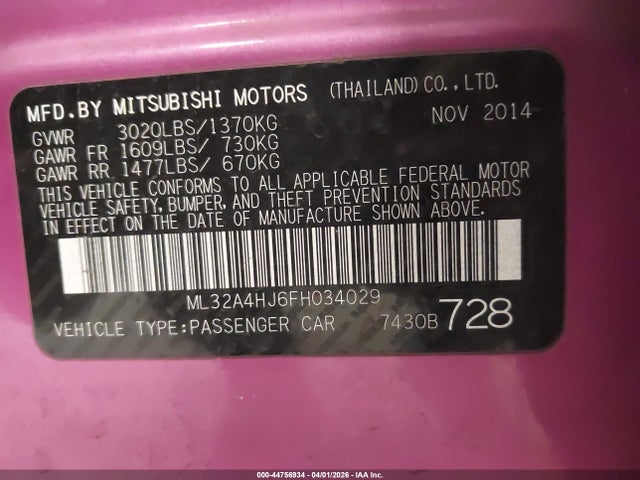 Продаж на аукціоні авто 2015 Mitsubishi Mirage Es, vin: ML32A4HJ6FH034029, номер лоту: 44756934