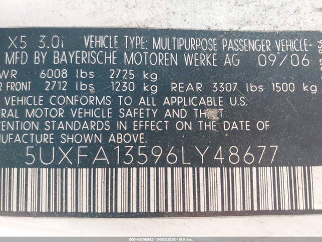 Продаж на аукціоні авто 2006 Bmw X5 3.0i, vin: 5UXFA13596LY48677, номер лоту: 44756942