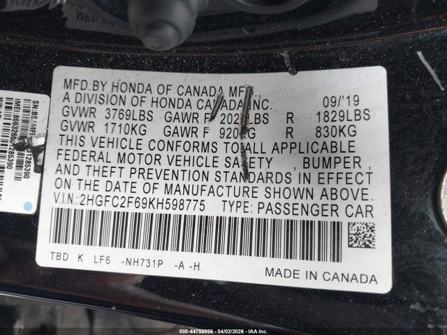 2019 HONDA CIVIC 2HGFC2F69KH598775 Photo 8