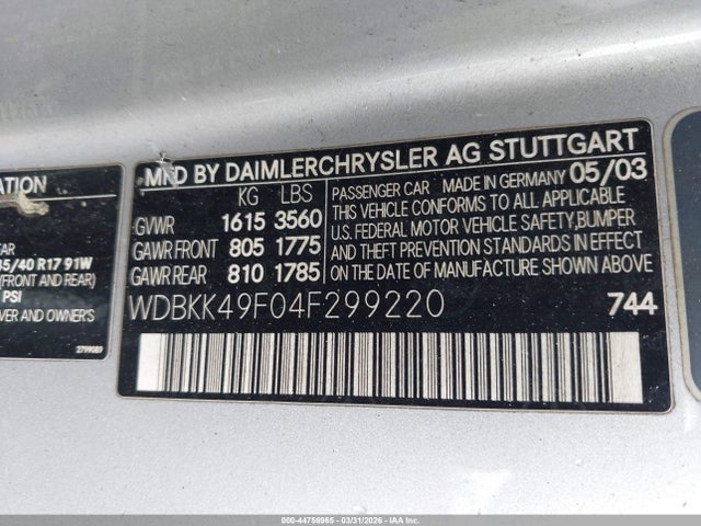 Aukcja sprzedaży 2004 Mercedes-benz Slk 230 Kompressor, vin: WDBKK49F04F299220, numer aukcji: 44756965