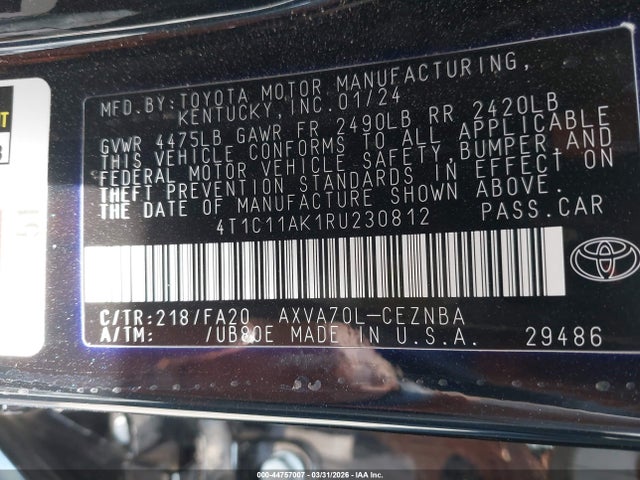 Aukcja sprzedaży 2024 Toyota Camry Le, vin: 4T1C11AK1RU230812, numer aukcji: 44757007