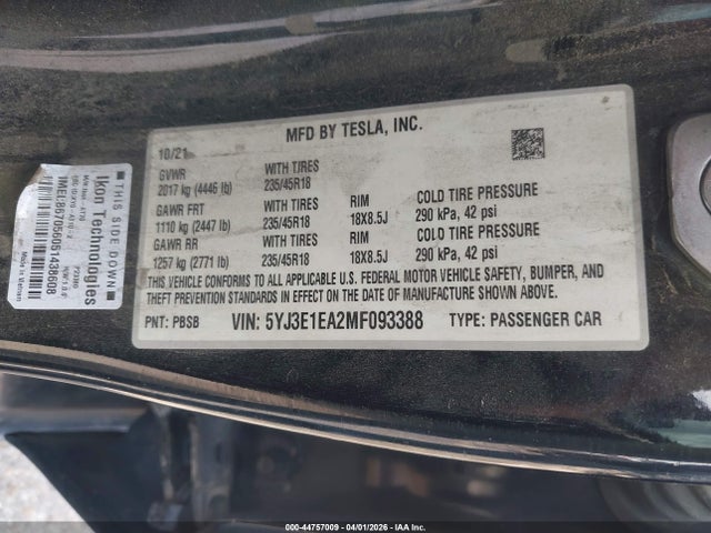 Aukcja sprzedaży 2021 Tesla Model 3 Standard Range Plus Rear-wheel Drive, vin: 5YJ3E1EA2MF093388, numer aukcji: 44757009