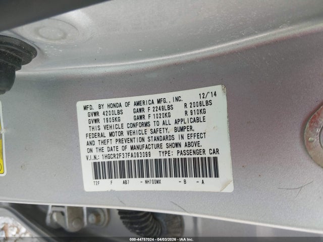 44757024 :رقم المزاد ، 1HGCR2F37FA093099 vin ، 2015 Honda Accord Lx مزاد بيع
