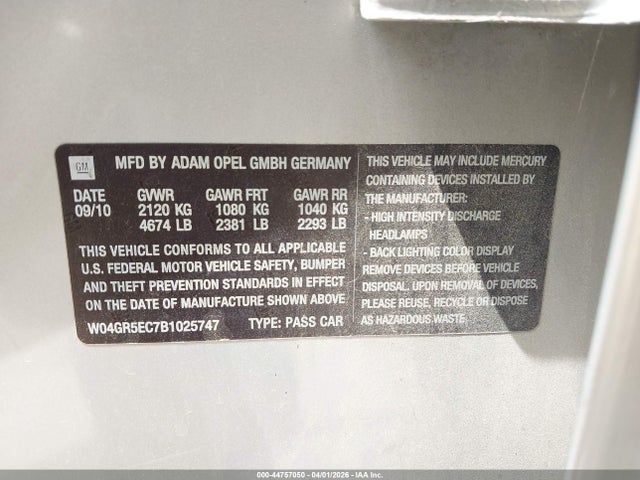 Продаж на аукціоні авто 2011 Buick Regal Cxl Russelsheim, vin: W04GR5EC7B1025747, номер лоту: 44757050