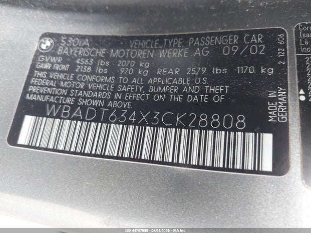 44757059 :رقم المزاد ، WBADT634X3CK28808 vin ، 2003 Bmw 530ia مزاد بيع