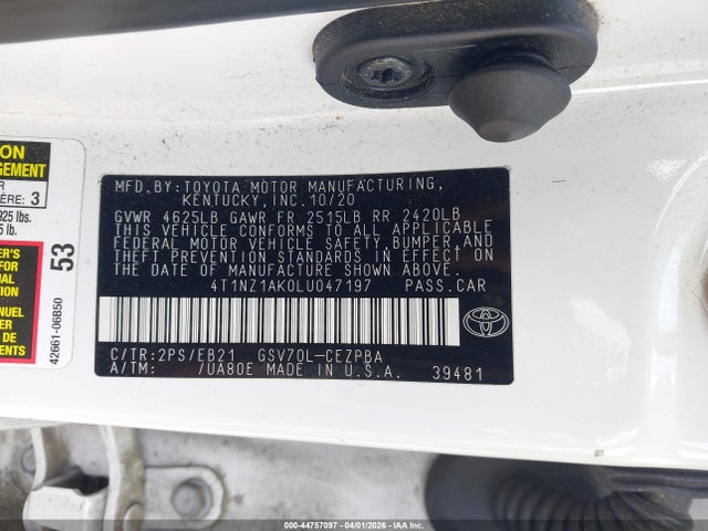 2020 Toyota Camry Trd მანქანა იყიდება აუქციონზე, vin: 4T1NZ1AK0LU047197, აუქციონის ნომერი: 44757097