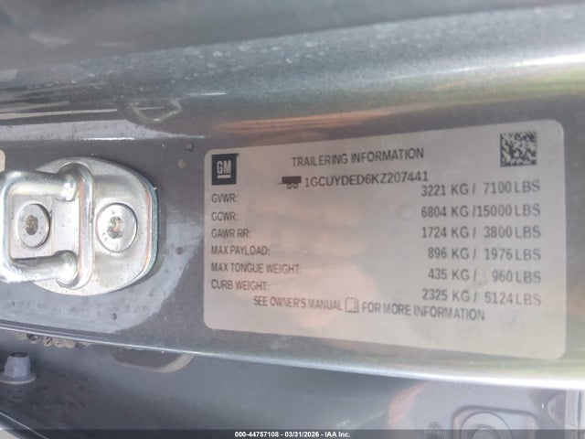 Aukcja sprzedaży 2019 Chevrolet Silverado 1500 Lt, vin: 1GCUYDED6KZ207441, numer aukcji: 44757108