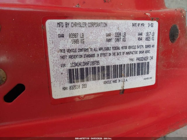 44757110 :رقم المزاد ، 1C3XU413XNF199795 vin ، 1992 Chrysler Lebaron مزاد بيع