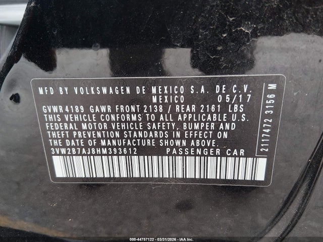 Продажа на аукционе авто 2017 Volkswagen Jetta 1.4t S, vin: 3VW2B7AJ8HM393612, номер лота: 44757122