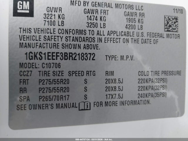 Aukcja sprzedaży 2011 Gmc Yukon Denali, vin: 1GKS1EEF3BR218372, numer aukcji: 44757124