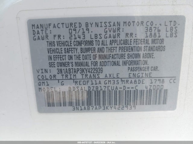 2019 Nissan Sentra Sv მანქანა იყიდება აუქციონზე, vin: 3N1AB7AP3KY422939, აუქციონის ნომერი: 44757127