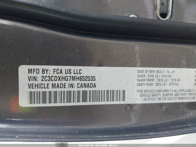 Auction sale of the 2021 Dodge Charger Gt Rwd, vin: 2C3CDXHG7MH652535, lot number: 44757145