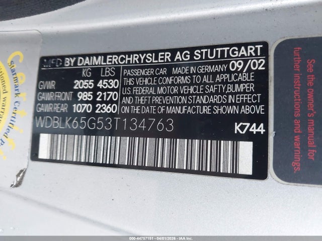 2003 Mercedes-benz Clk 320 მანქანა იყიდება აუქციონზე, vin: WDBLK65G53T134763, აუქციონის ნომერი: 44757151