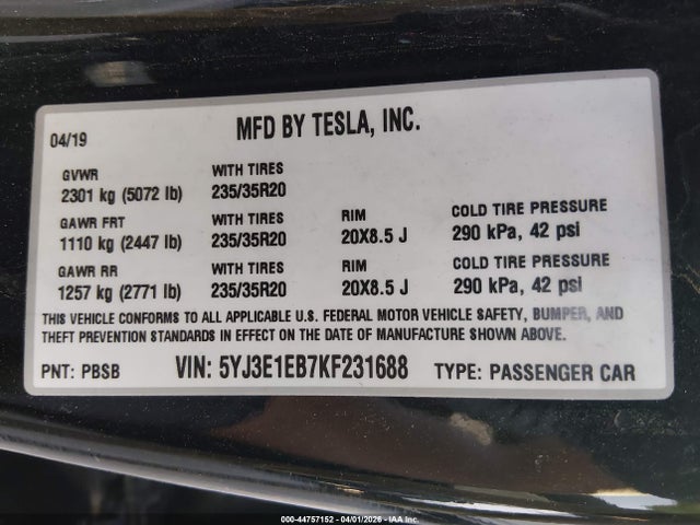 Aukcja sprzedaży 2019 Tesla Model 3 Long Range/performance, vin: 5YJ3E1EB7KF231688, numer aukcji: 44757152