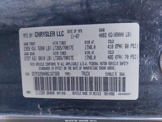 2008 Dodge Ram 2500 Slt/power Wagon მანქანა იყიდება აუქციონზე, vin: 3D7KS28A08G167368, აუქციონის ნომერი: 44757156