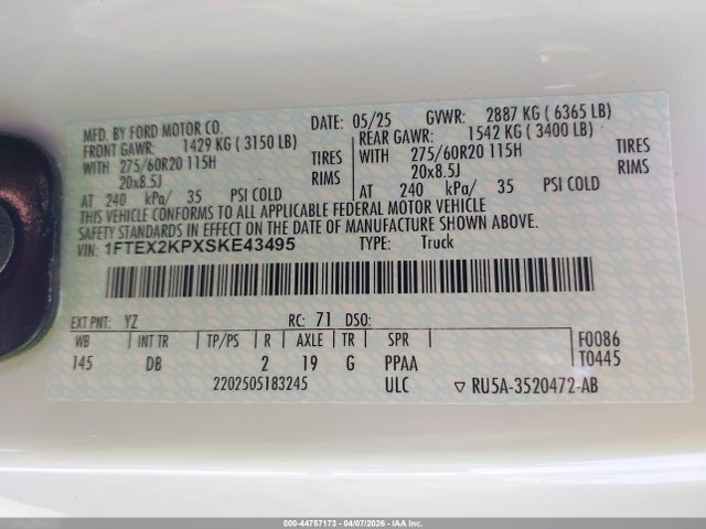 44757173 :رقم المزاد ، 1FTEX2KPXSKE43495 vin ، 2025 Ford F-150 Stx مزاد بيع