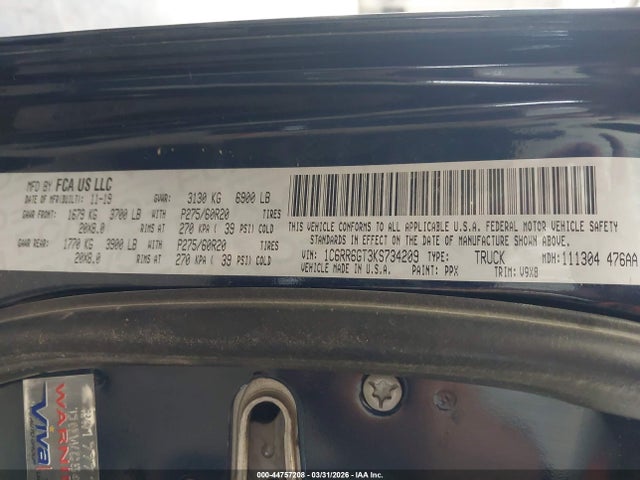 44757208 :رقم المزاد ، 1C6RR6GT3KS734209 vin ، 2019 Ram 1500 Classic Warlock  4x2 6'4 Box مزاد بيع