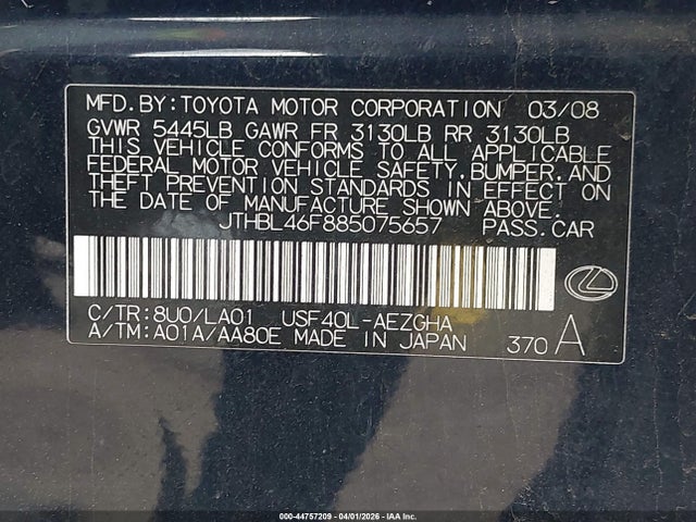 44757209 :رقم المزاد ، JTHBL46F885075657 vin ، 2008 Lexus Ls 460 مزاد بيع