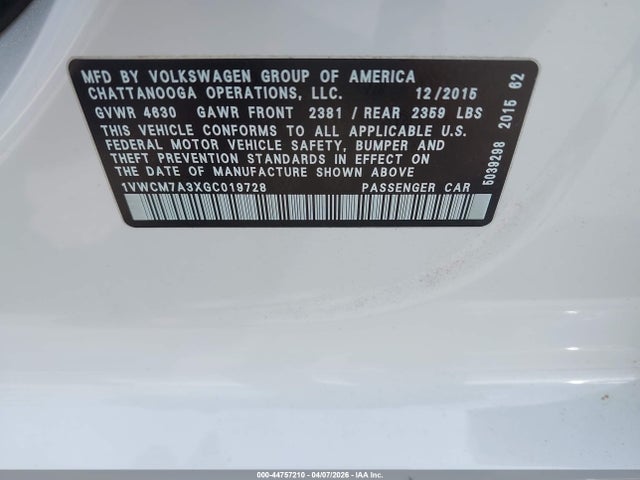 Продаж на аукціоні авто 2016 Volkswagen Passat V6 Sel Premium, vin: 1VWCM7A3XGC019728, номер лоту: 44757210