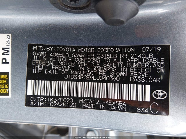 JTDS4RCE9LJ040360 Toyota COROLLA SE