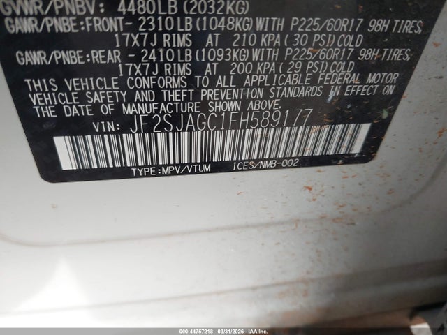 2015 Subaru Forester 2.5i Premium მანქანა იყიდება აუქციონზე, vin: JF2SJAGC1FH589177, აუქციონის ნომერი: 44757218