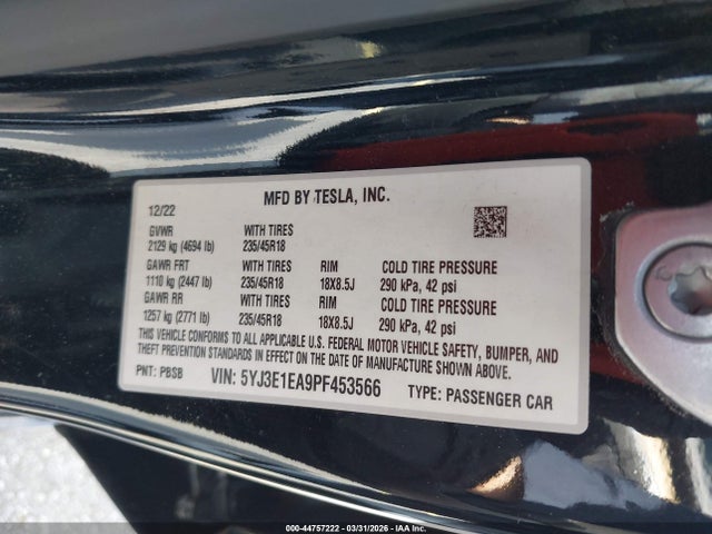 44757222 :رقم المزاد ، 5YJ3E1EA9PF453566 vin ، 2023 Tesla Model 3 Rear-wheel Drive مزاد بيع