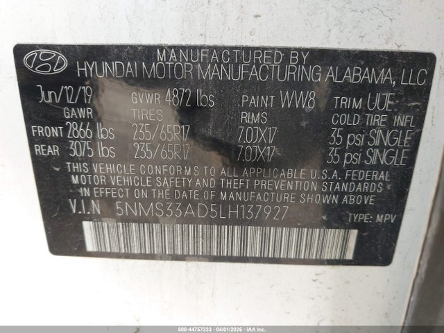 44757233 :رقم المزاد ، 5NMS33AD5LH137927 vin ، 2020 Hyundai Santa Fe Sel مزاد بيع