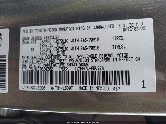 44757245 :رقم المزاد ، 3TYLC5LN6ST024302 vin ، 2025 Toyota Tacoma Hybrid Trailhunter مزاد بيع