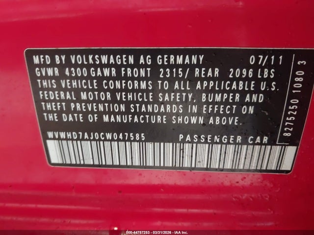 44757253 :رقم المزاد ، WVWHD7AJ0CW047585 vin ، 2012 Volkswagen Gti 4-door مزاد بيع