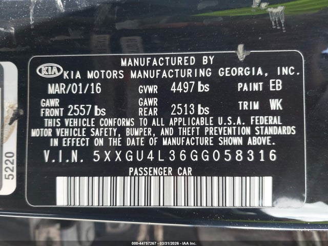 Продажа на аукционе авто 2016 Kia Optima Ex, vin: 5XXGU4L36GG058316, номер лота: 44757267