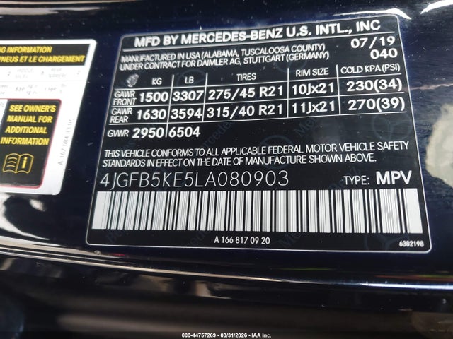 Aukcja sprzedaży 2020 Mercedes-benz Gle 450 4matic, vin: 4JGFB5KE5LA080903, numer aukcji: 44757269