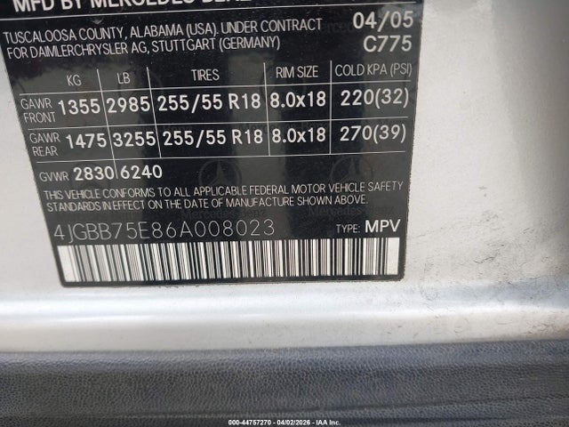 2006 Mercedes-benz Ml 500 4matic მანქანა იყიდება აუქციონზე, vin: 4JGBB75E86A008023, აუქციონის ნომერი: 44757270