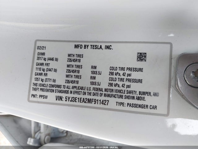 Продажа на аукционе авто 2021 Tesla Model 3 Standard Range Plus Rear-wheel Drive, vin: 5YJ3E1EA2MF911427, номер лота: 44757280