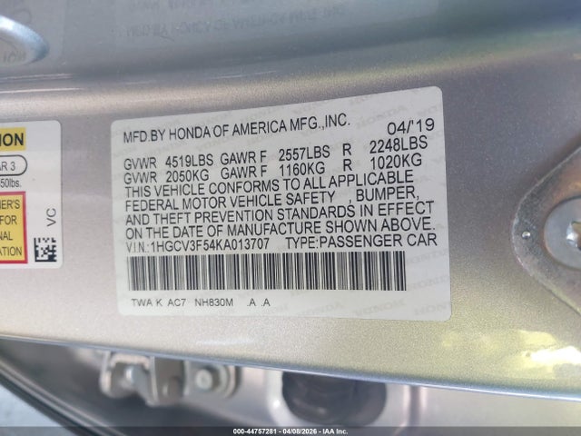 1HGCV3F54KA013707 Honda Accord Hybrid Ex-l