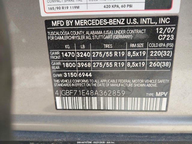 Aukcja sprzedaży 2008 Mercedes-benz Gl 450 4matic, vin: 4JGBF71E48A362859, numer aukcji: 44757296