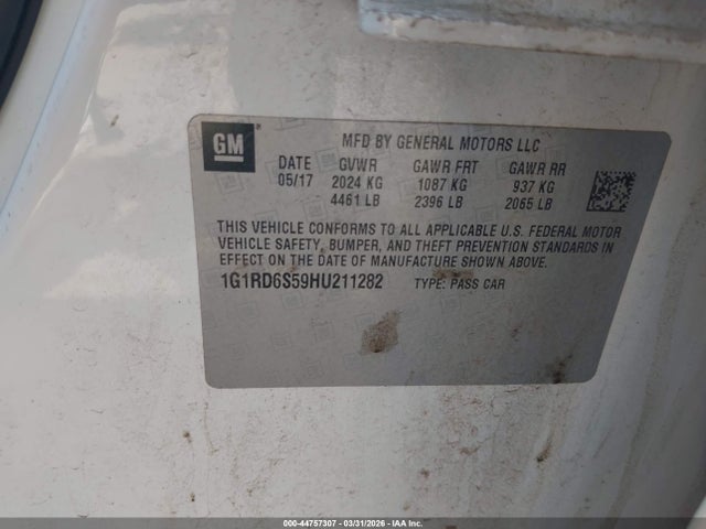 Aukcja sprzedaży 2017 Chevrolet Volt Premier, vin: 1G1RD6S59HU211282, numer aukcji: 44757307