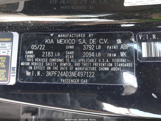 3KPF24AD3NE497122 KIA Forte Lxs