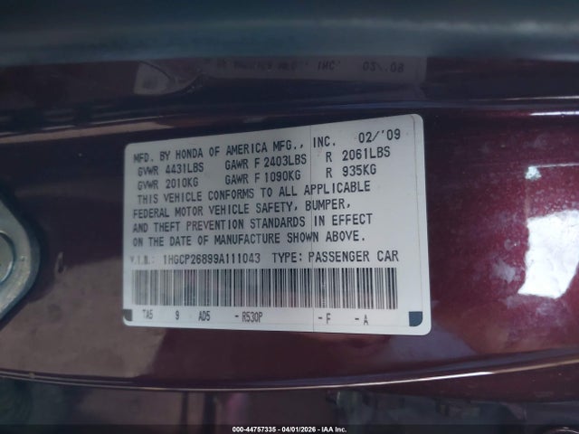 Продажа на аукционе авто 2009 Honda Accord 2.4 Ex-l, vin: 1HGCP26899A111043, номер лота: 44757335