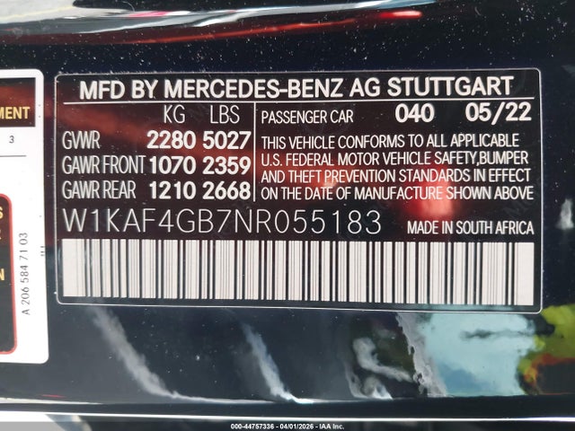 Aukcja sprzedaży 2022 Mercedes-benz C 300 Sedan, vin: W1KAF4GB7NR055183, numer aukcji: 44757336