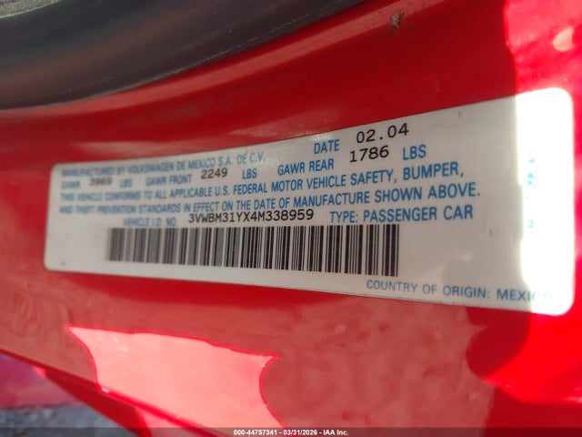 Продаж на аукціоні авто 2004 Volkswagen New Beetle Gl, vin: 3VWBM31YX4M338959, номер лоту: 44757341