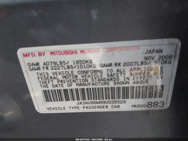 2009 Mitsubishi Lancer Gts მანქანა იყიდება აუქციონზე, vin: JA3AU86W99U035529, აუქციონის ნომერი: 44757343