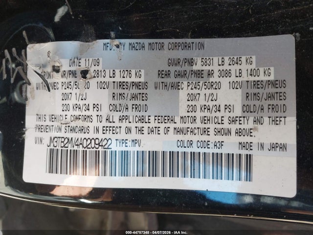 44757348 :رقم المزاد ، JM3TB2MV4A0209422 vin ، 2010 Mazda Cx-9 Grand Touring مزاد بيع