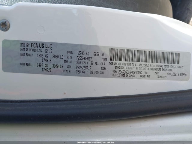 2017 Dodge Grand Caravan Sxt მანქანა იყიდება აუქციონზე, vin: 2C4RDGCG3HR646406, აუქციონის ნომერი: 44757364