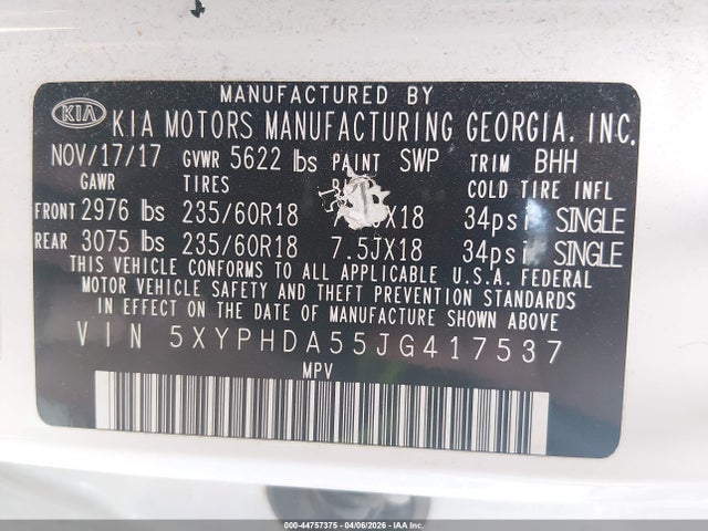 Aukcja sprzedaży 2018 Kia Sorento 3.3l Ex, vin: 5XYPHDA55JG417537, numer aukcji: 44757375