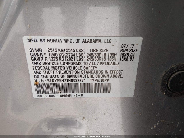 44757412 :رقم المزاد ، 5FNYF5H71HB027771 vin ، 2017 Honda Pilot Ex-l مزاد بيع