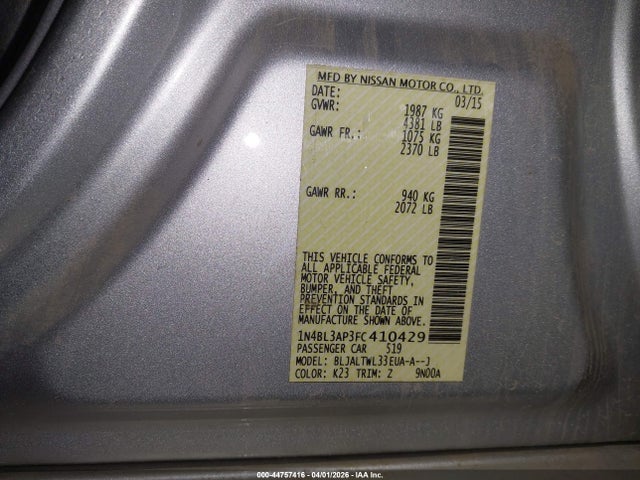 44757416 :رقم المزاد ، 1N4BL3AP3FC410429 vin ، 2015 Nissan Altima 3.5 Sl مزاد بيع
