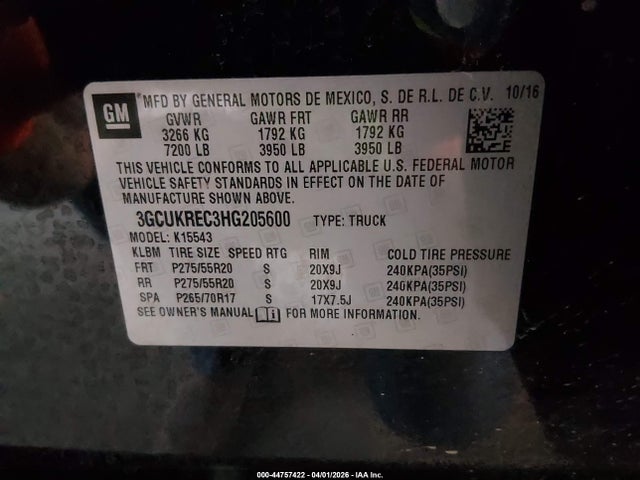 Продаж на аукціоні авто 2017 Chevrolet Silverado 1500 2lt, vin: 3GCUKREC3HG205600, номер лоту: 44757422