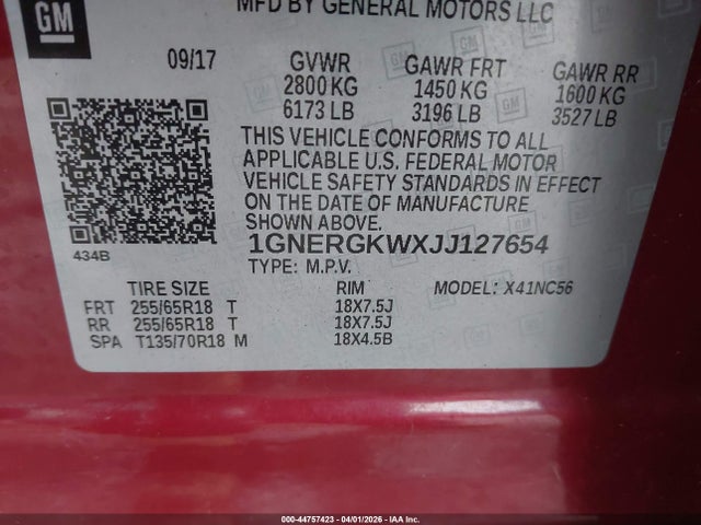 1GNERGKWXJJ127654 Chevrolet Traverse 1lt