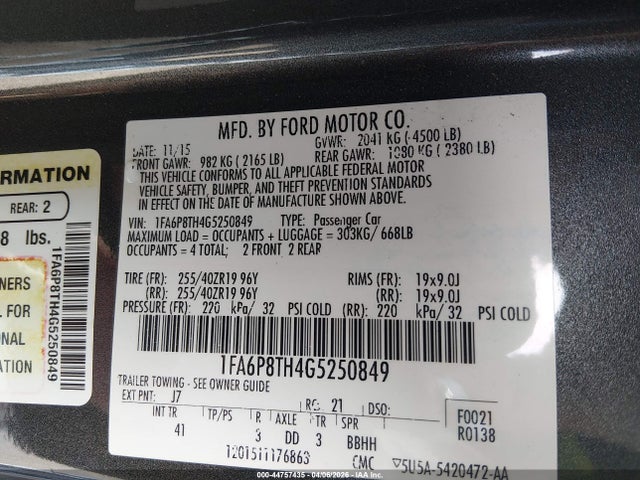 44757435 :رقم المزاد ، 1FA6P8TH4G5250849 vin ، 2016 Ford Mustang Ecoboost مزاد بيع