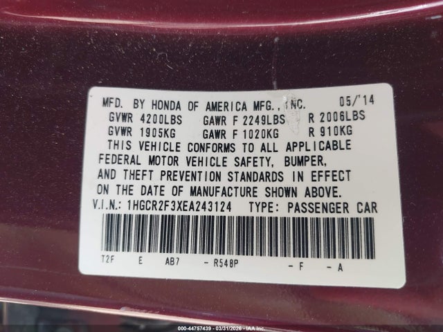 Продажа на аукционе авто 2014 Honda Accord Lx, vin: 1HGCR2F3XEA243124, номер лота: 44757439